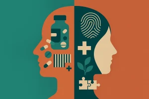 cabeza dividida con medicamentos y otra sana