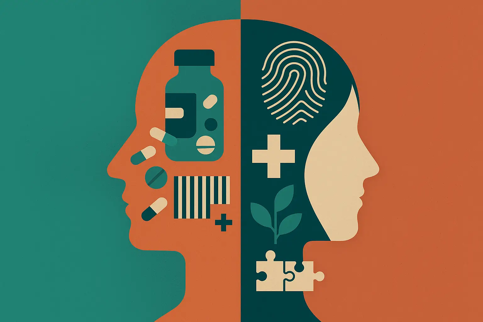 cabeza dividida con medicamentos y otra sana