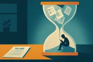 reloj arena con tareas persona perdiendo tiempo