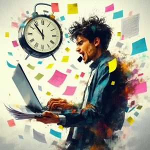 Ilustración conceptual de una persona realizando varias tareas a la vez simbolizando la multitarea y la presión del tiempo.