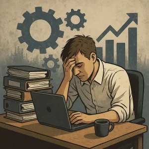 Ilustración de un hombre agotado frente al ordenador, rodeado de expedientes y gráficos de productividad, que simboliza el coste invisible del rendimiento laboral y el burnout.