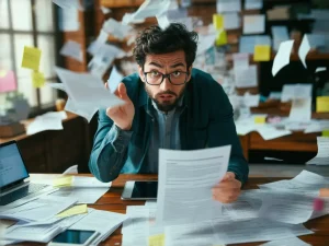hombre muchos papeles trabajo agobiado
