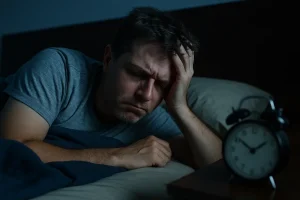 hombre tumbado cama insomnio reloj noche