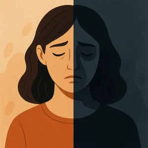 ilustracion mujer triste lateral izquierdo color derecho blanco negro