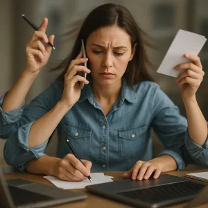 Ilustración conceptual de una persona con cuatro brazos realizando varias tareas a la vez bajo un gran reloj, simbolizando la multitarea y la presión del tiempo.