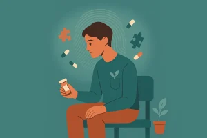 persona sentada mirando medicamento