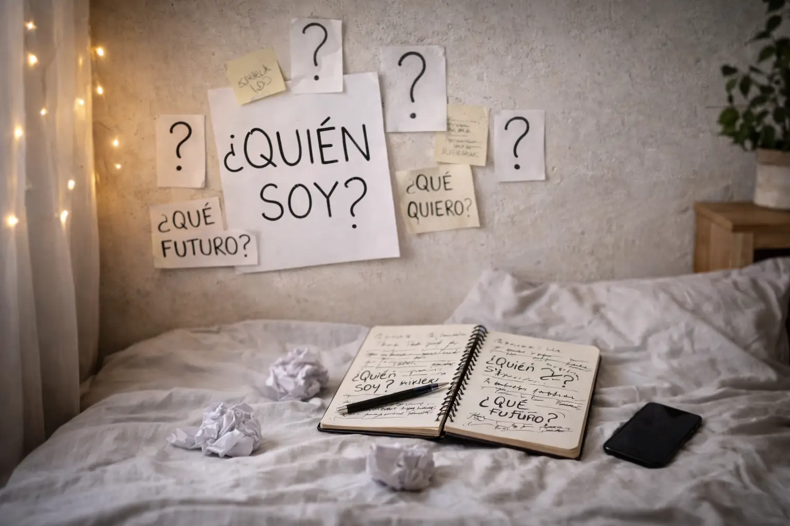 Notas con signos de interrogacion y un cuaderno con preguntas sobre quien soy y que quiero, simbolo de crisis de identidad