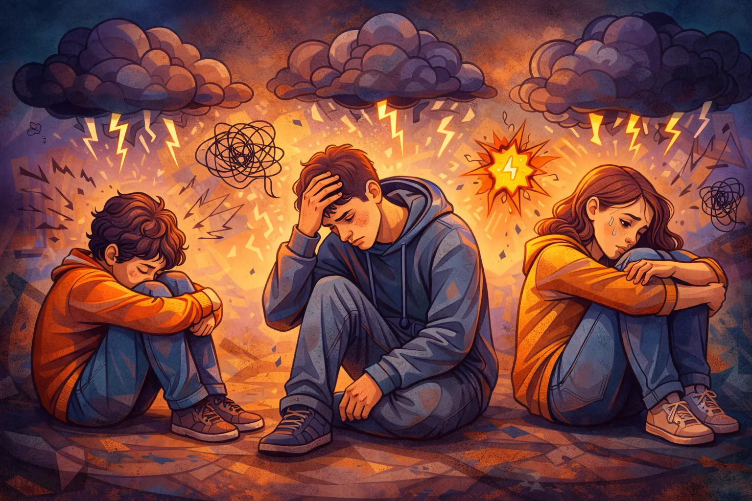 ilustracion horizontal de ninos y adolescentes sentados con gesto de angustia bajo nubes oscuras y trazos abstractos que representan ansiedad y malestar emocional