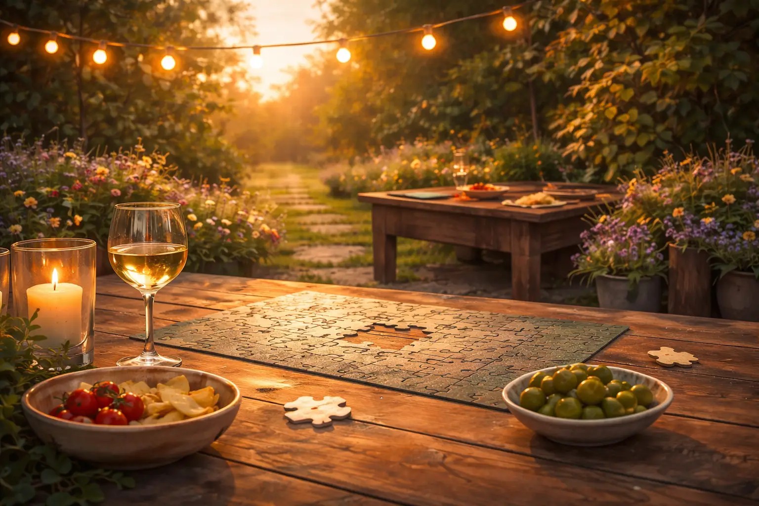 ilustracion horizontal de una mesa al atardecer con un puzzle incompleto y una pieza apartada simbolizando un malestar sin nombre