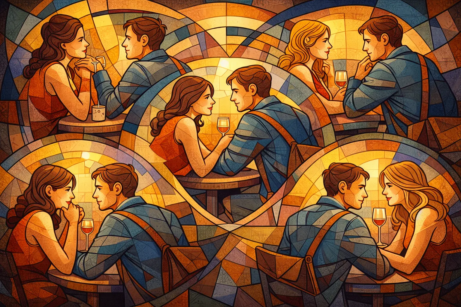 ilustracion cubista horizontal con escenas repetidas de una pareja conversando en distintos momentos que simbolizan patrones afectivos que se repiten