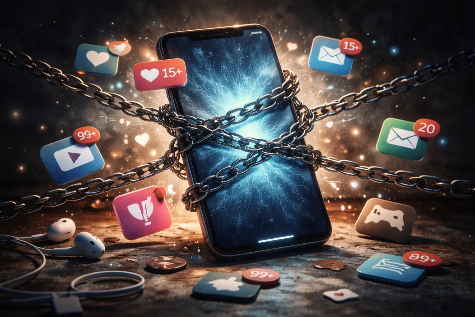 smartphone envuelto en cadenas con iconos y notificaciones flotando alrededor, simbolizando uso compulsivo de pantallas