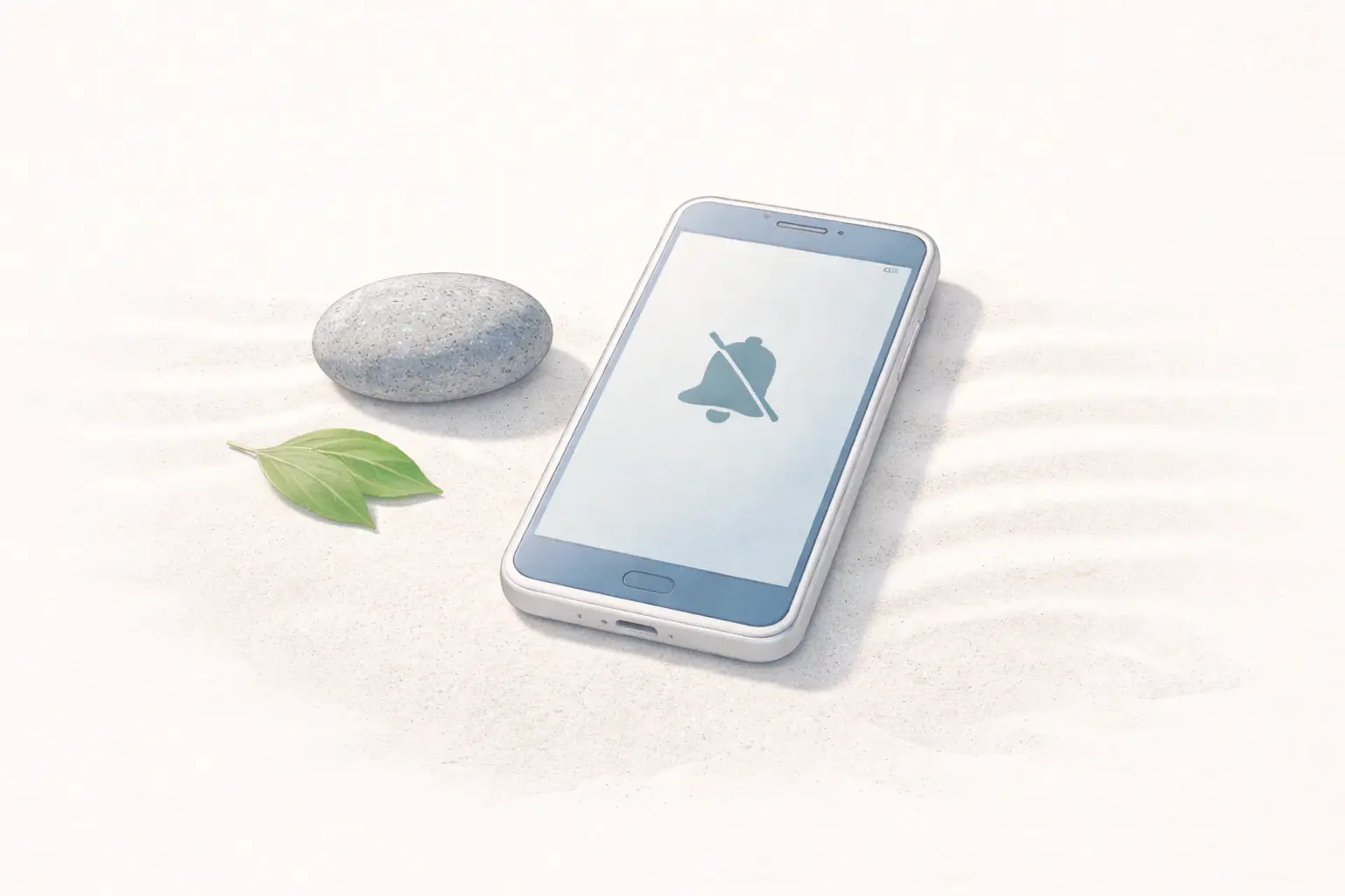 Ilustracion horizontal minimalista estilo zen con un movil en modo no molestar junto a una piedra y una hoja, simbolizando calma y equilibrio digital