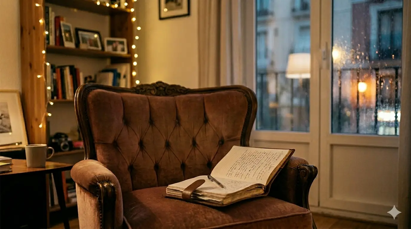 Sillon de terciopelo con cuaderno abierto en un salon calido y ventana lluviosa al fondo.